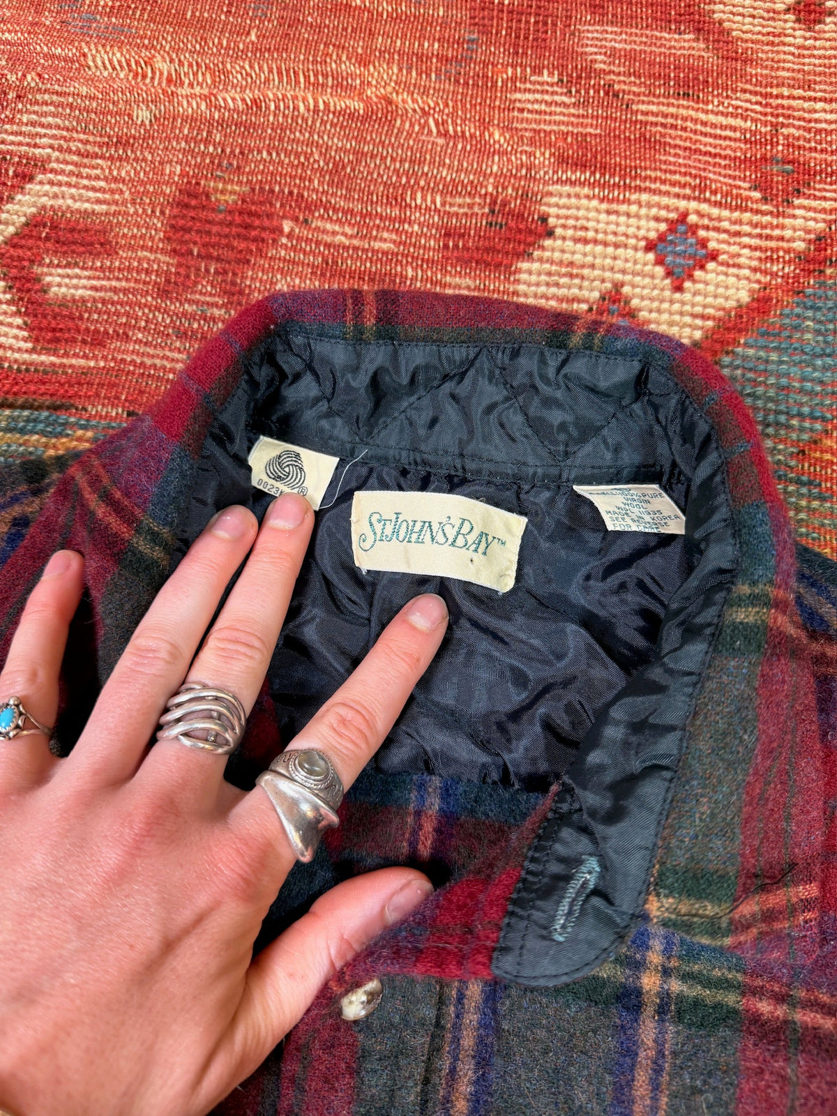 Vintage 1990s St John's Bay Wool Red Green Plaid Flannel Button Down| L