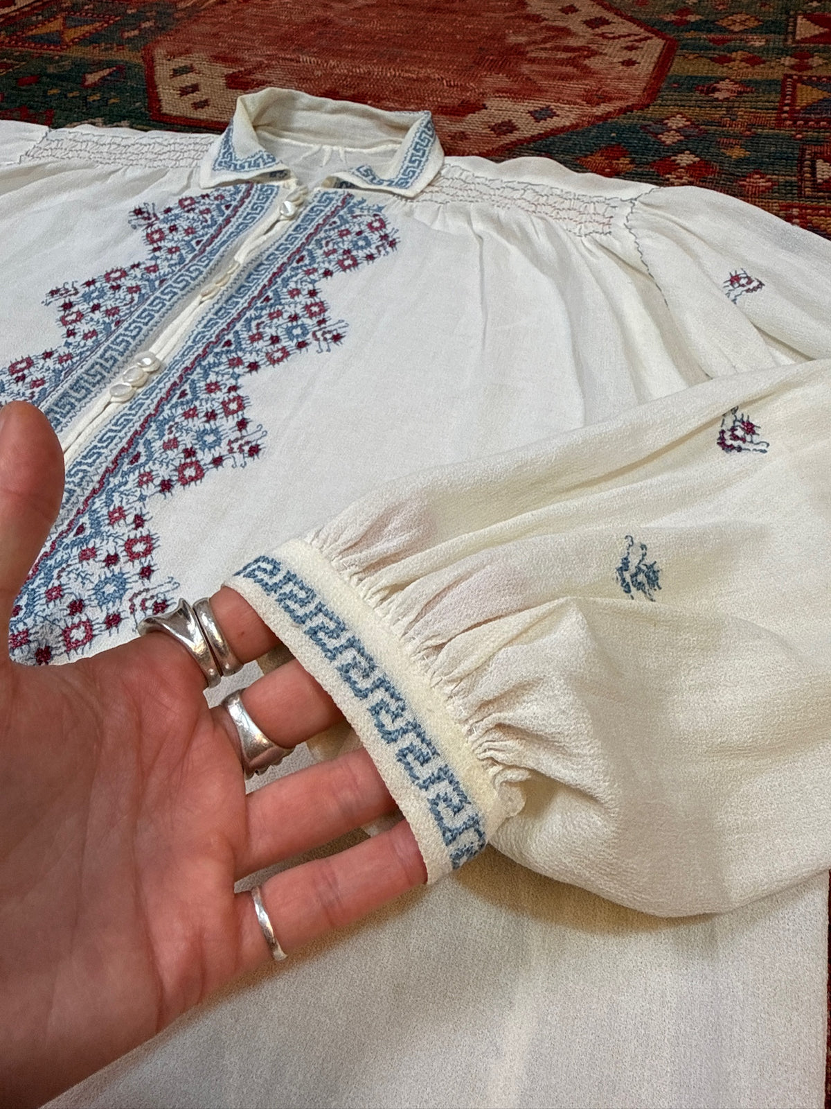 Vintage 1930's/40's Romanian Cream 100% Silk Embroidered Blouse