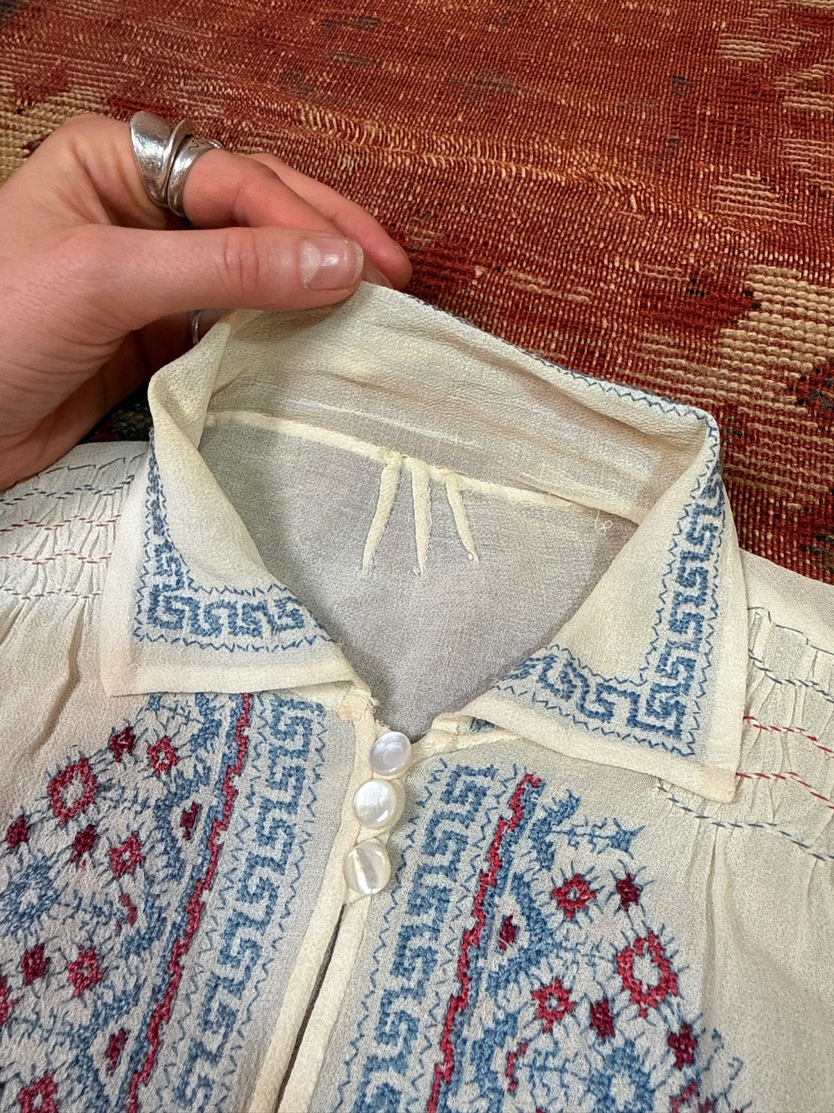 Vintage 1930's/40's Romanian Cream 100% Silk Embroidered Blouse