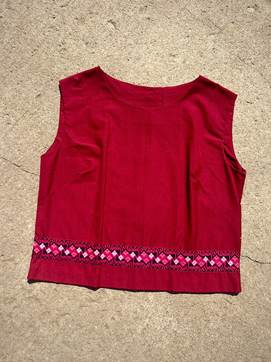 Vintage 1960s Dutchmaid Burgundy Tapestry Border Button-Back Tank Top | Medium