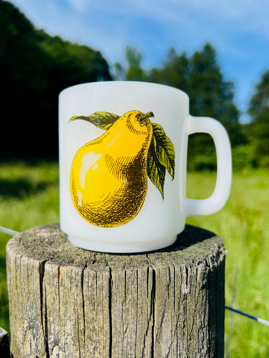 Vintage 1970s Glasbake Milk Glass Pear Printed Coffee Mug