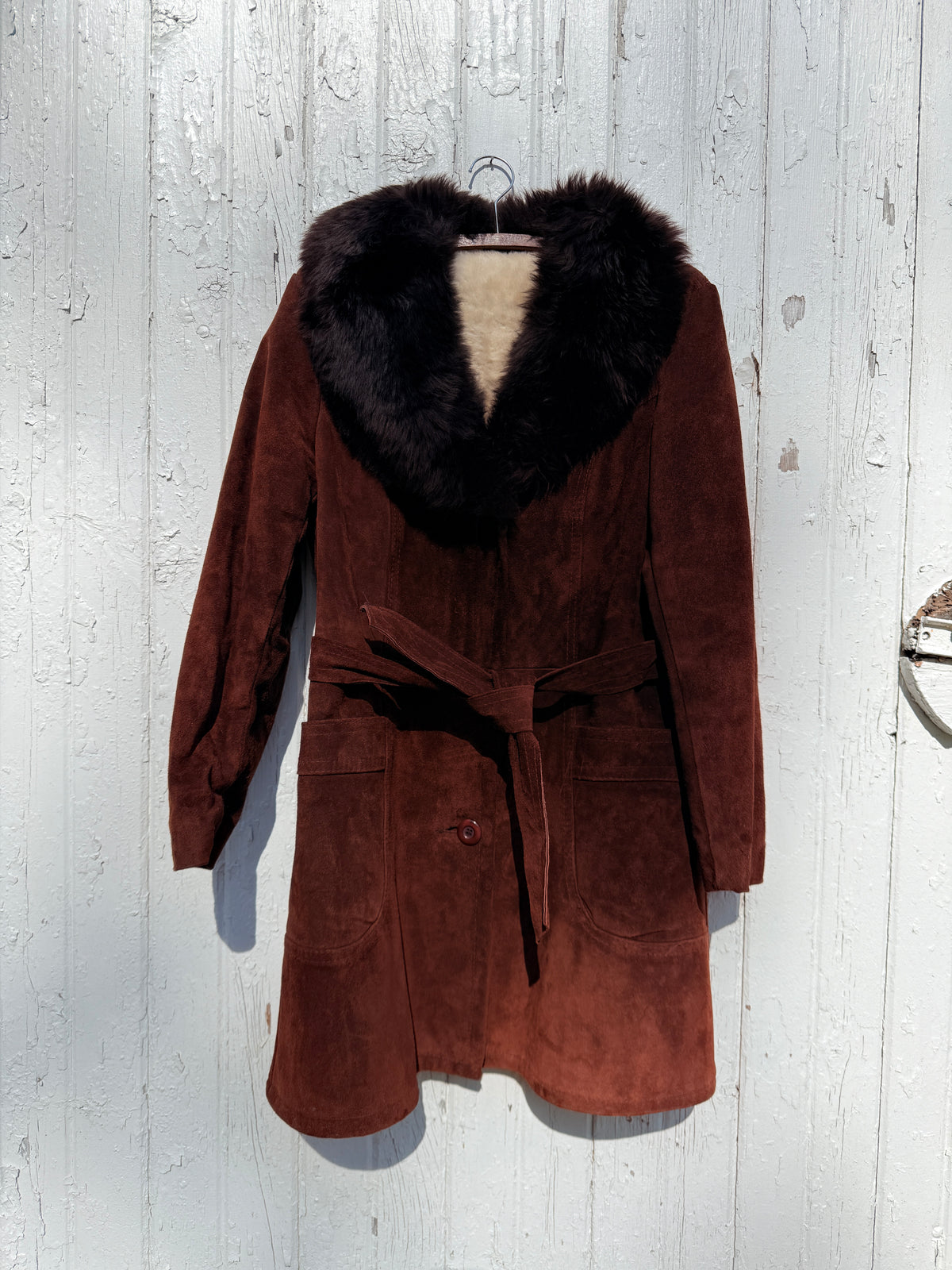 Vintage 1970s-80s Brown Suede with Faux Fur Collar Belted Overcoat | 17/18