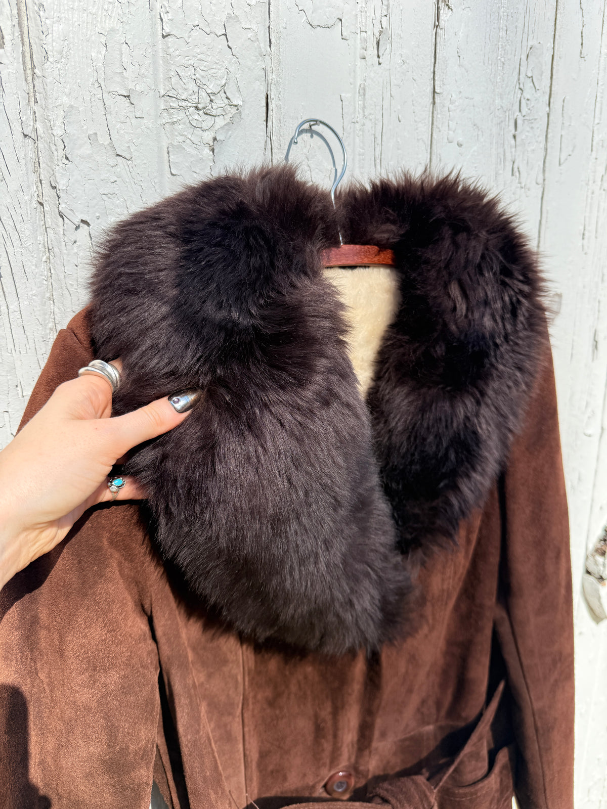 Vintage 1970s-80s Brown Suede with Faux Fur Collar Belted Overcoat | 17/18
