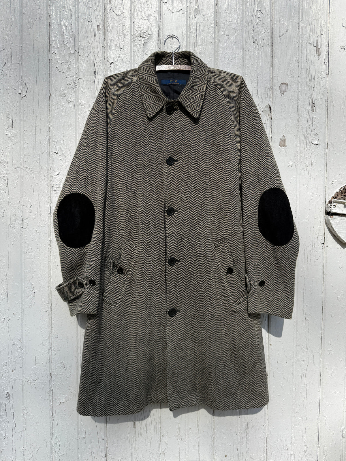 Vintage Style Polo Ralph Lauren Black Herringbone Twill Fully-Lined Overcoat