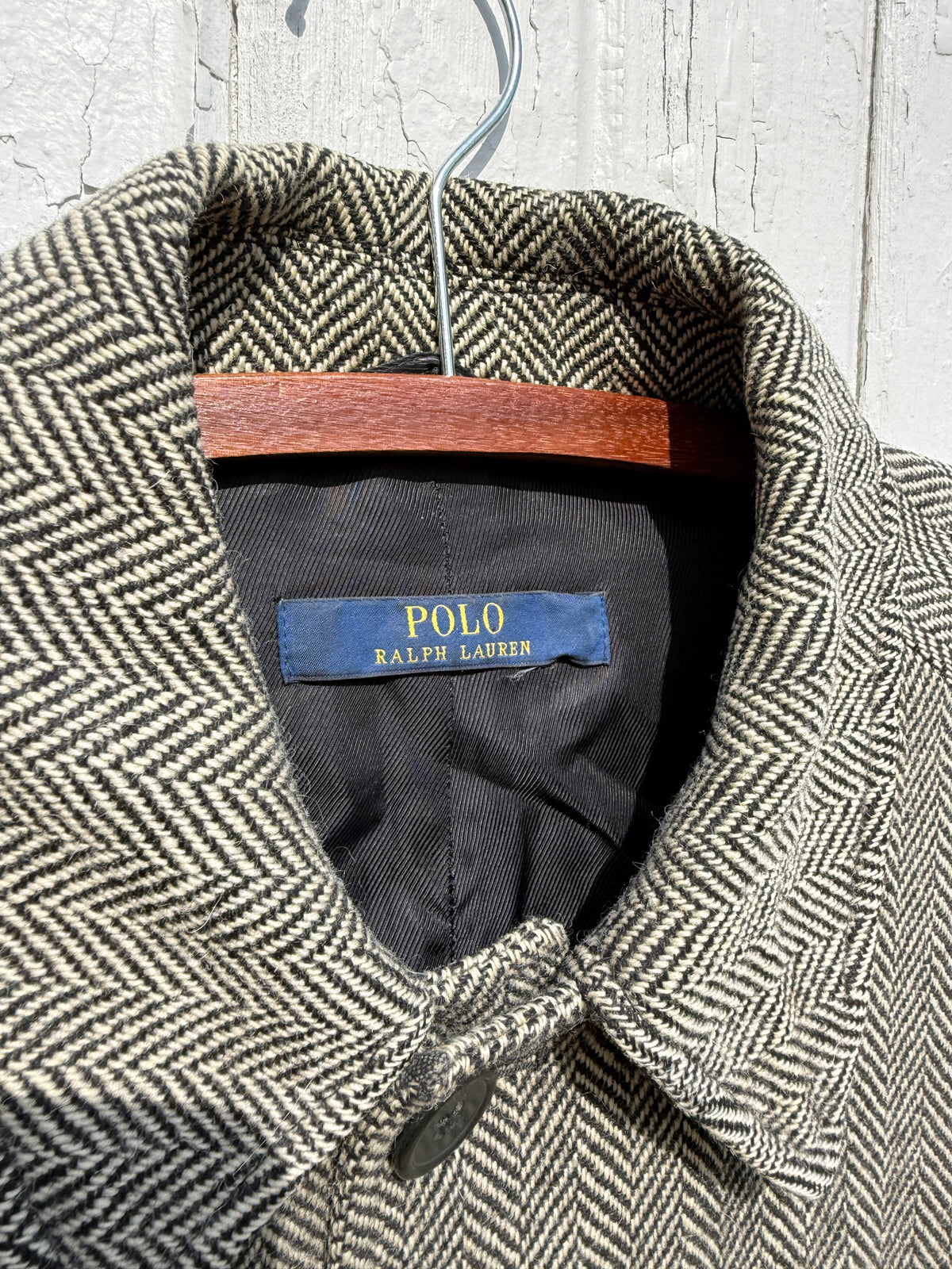 Vintage Style Polo Ralph Lauren Black Herringbone Twill Fully-Lined Overcoat
