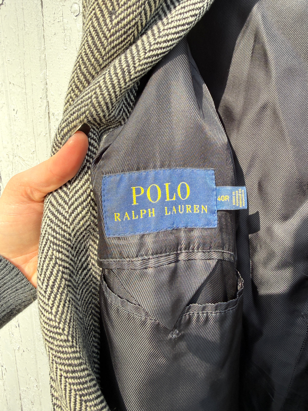 Vintage Style Polo Ralph Lauren Black Herringbone Twill Fully-Lined Overcoat