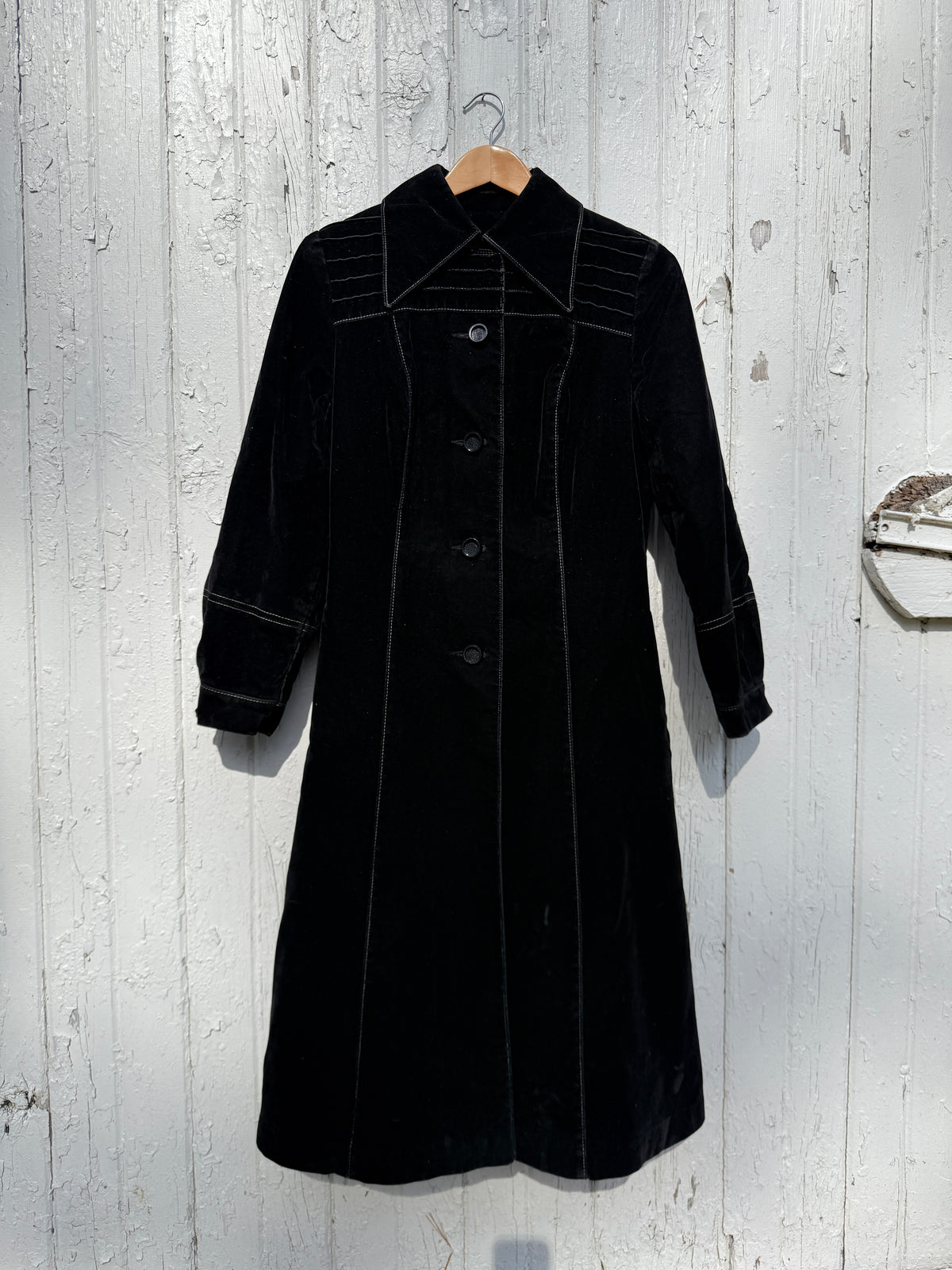 Vintage 1970s-80s Black Velvet White Contrast Stitching Long Coat