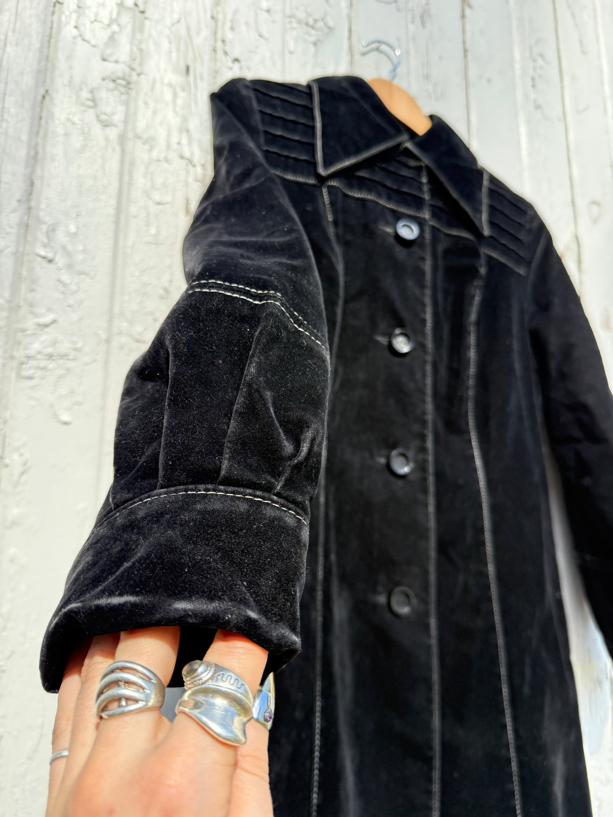 Vintage 1970s-80s Black Velvet White Contrast Stitching Long Coat