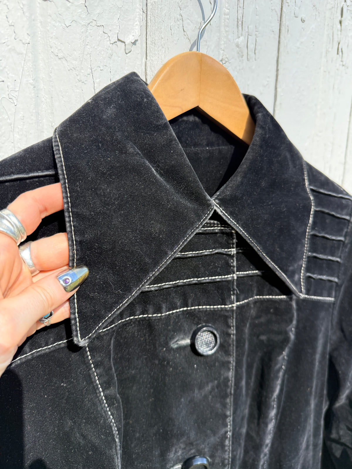 Vintage 1970s-80s Black Velvet White Contrast Stitching Long Coat