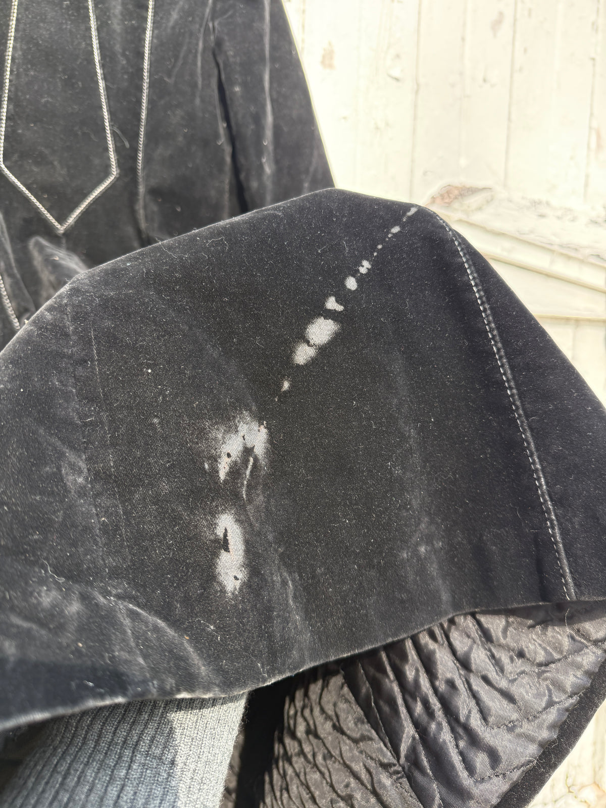 Vintage 1970s-80s Black Velvet White Contrast Stitching Long Coat