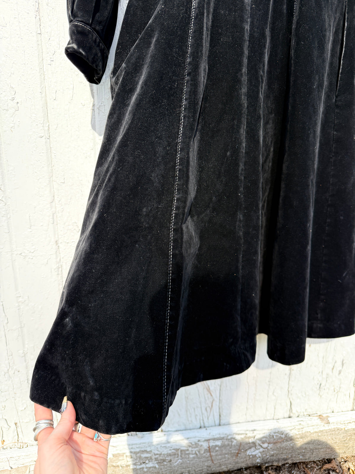 Vintage 1970s-80s Black Velvet White Contrast Stitching Long Coat