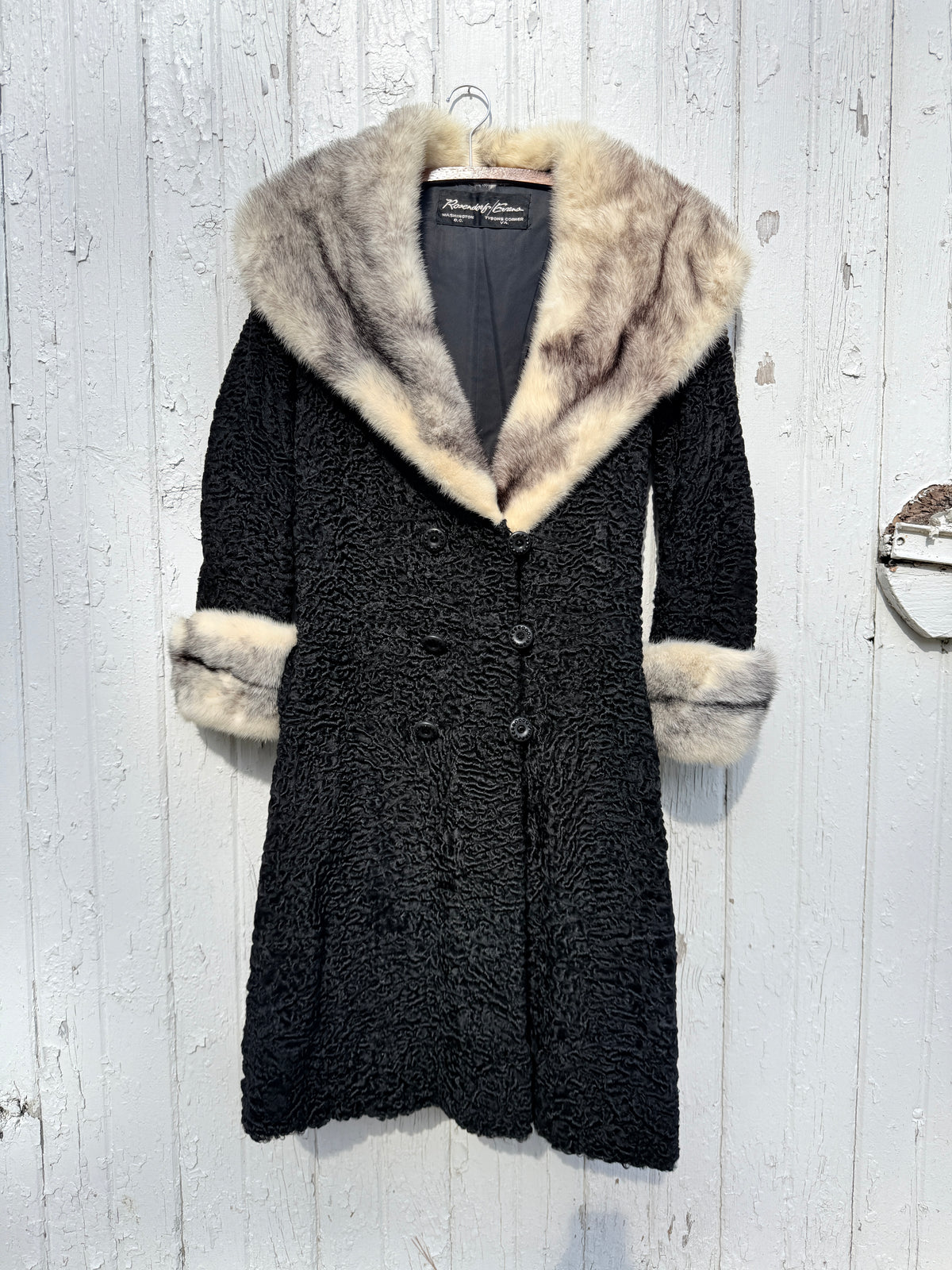 Vintage 1970s-80s Rosendorf/Evans Black Persian Curly Wool with Mink Collar and Cuff Double Breasted Jacket
