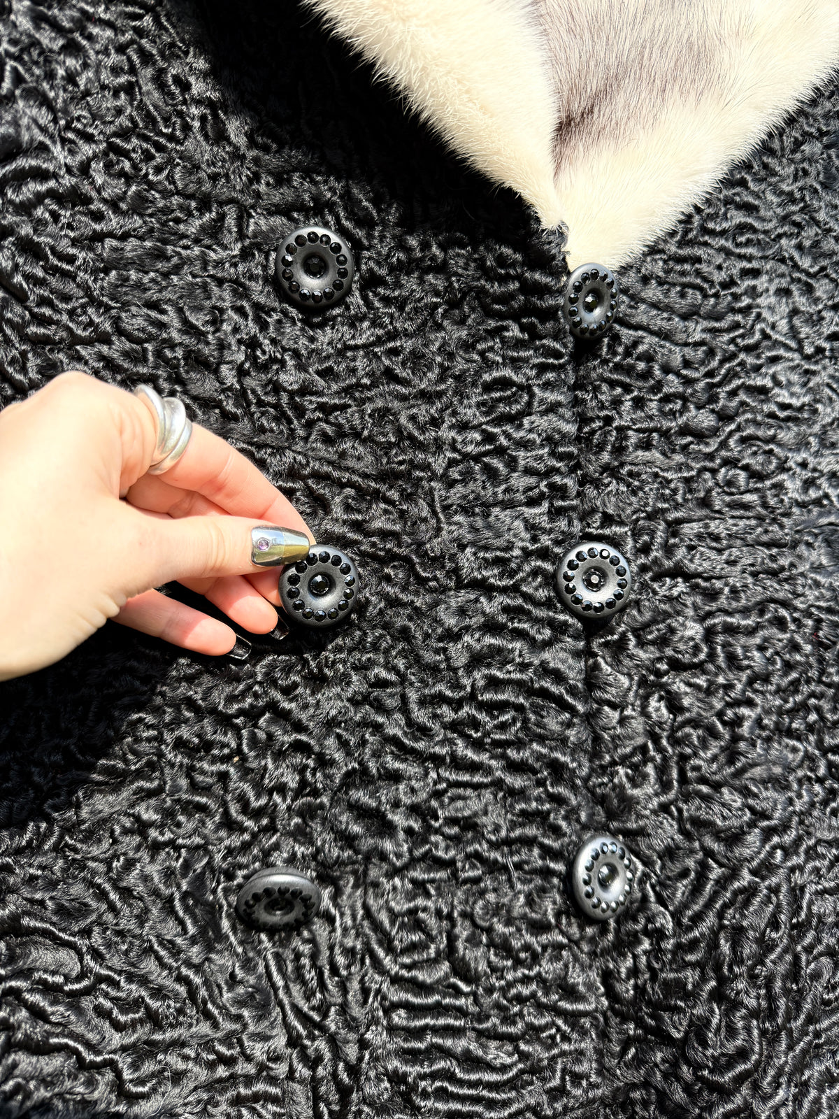 Vintage 1970s-80s Rosendorf/Evans Black Persian Curly Wool with Mink Collar and Cuff Double Breasted Jacket