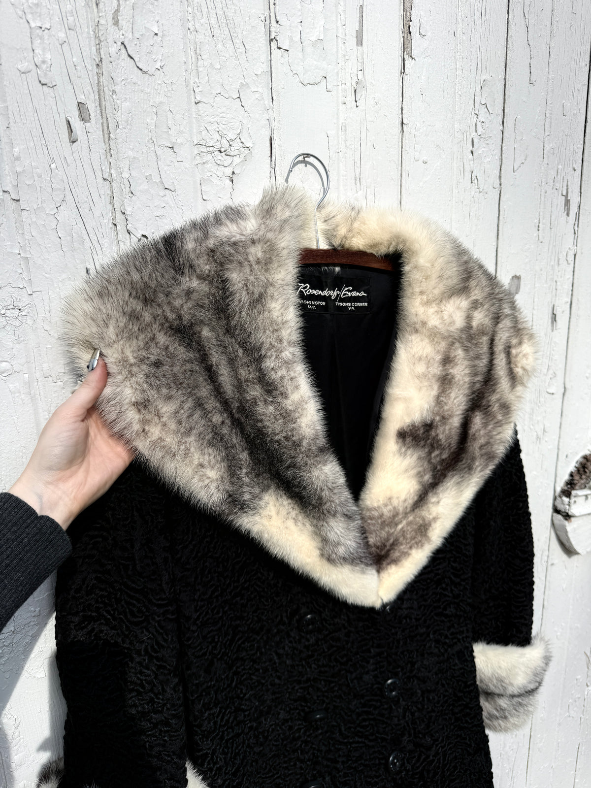 Vintage 1970s-80s Rosendorf/Evans Black Persian Curly Wool with Mink Collar and Cuff Double Breasted Jacket