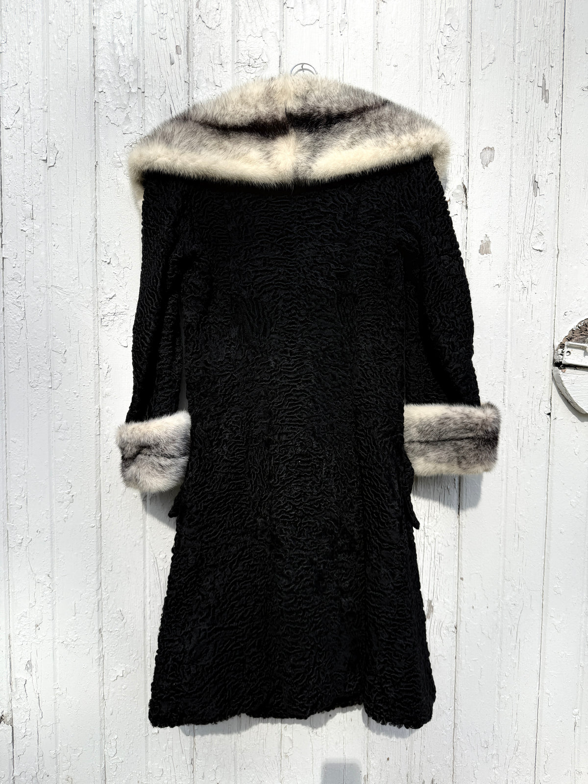 Vintage 1970s-80s Rosendorf/Evans Black Persian Curly Wool with Mink Collar and Cuff Double Breasted Jacket