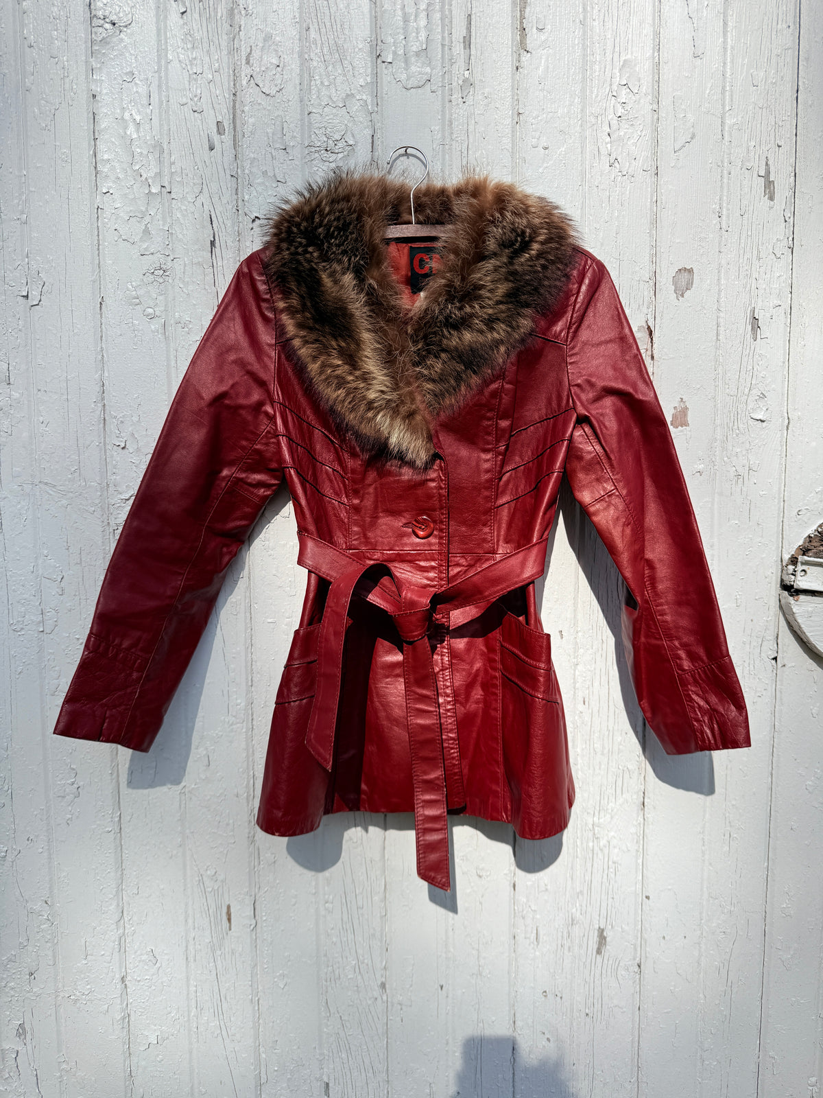 Vintage 1970s-80s CNF Red Leather Racoon Fur Collar Belted Jacket | 12