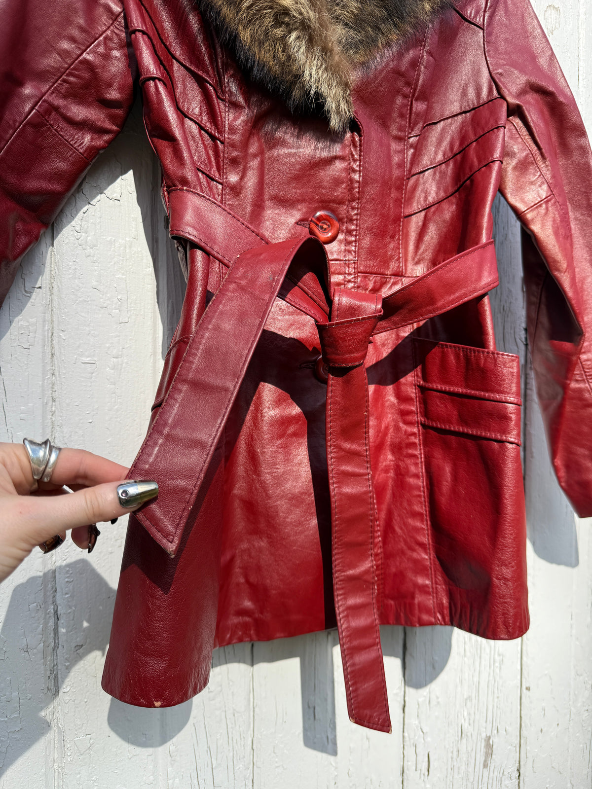 Vintage 1970s-80s CNF Red Leather Racoon Fur Collar Belted Jacket | 12