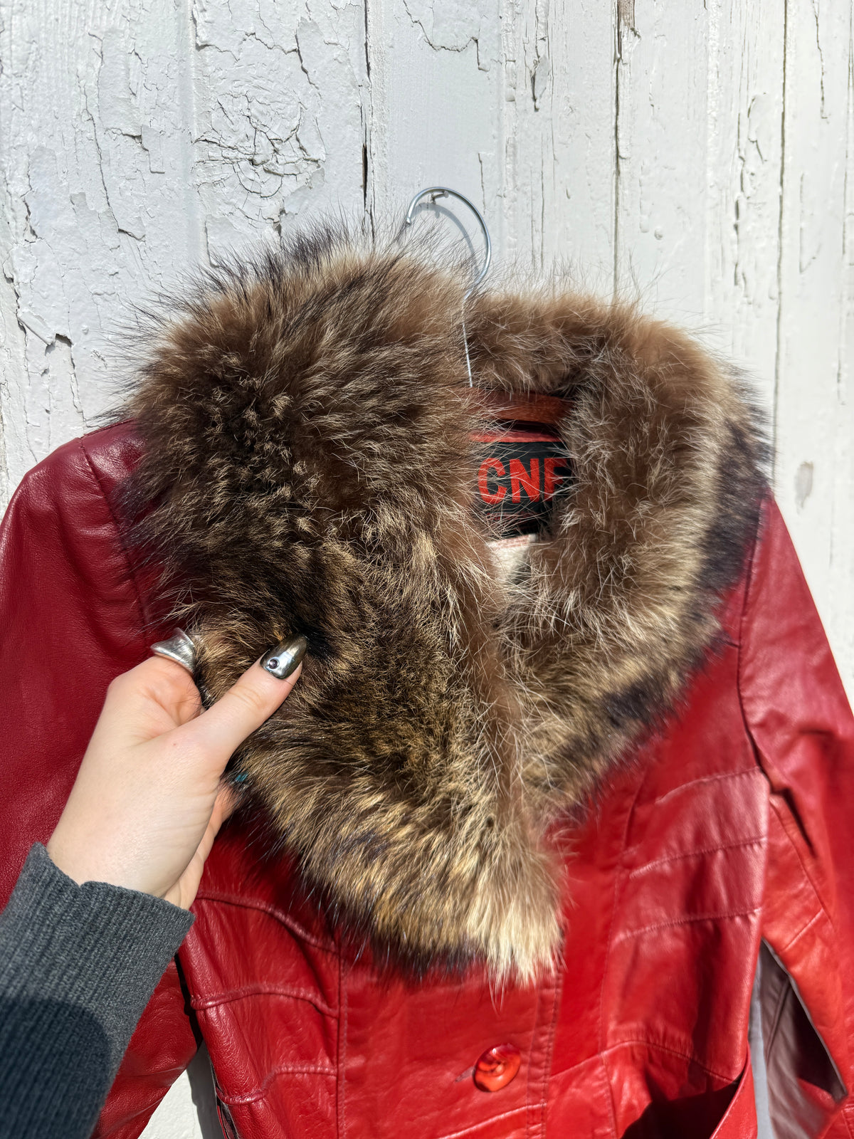 Vintage 1970s-80s CNF Red Leather Racoon Fur Collar Belted Jacket | 12