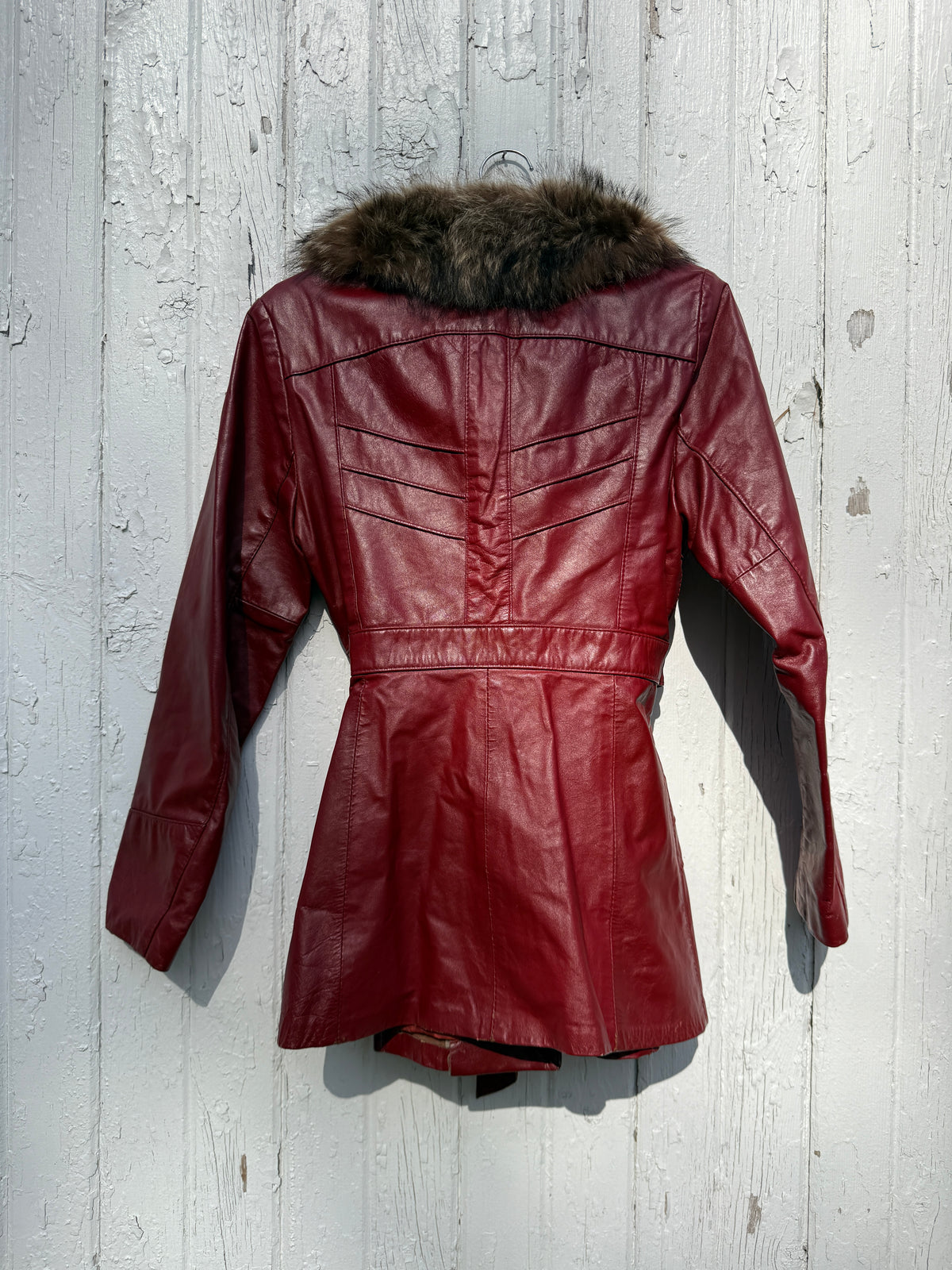 Vintage 1970s-80s CNF Red Leather Racoon Fur Collar Belted Jacket | 12
