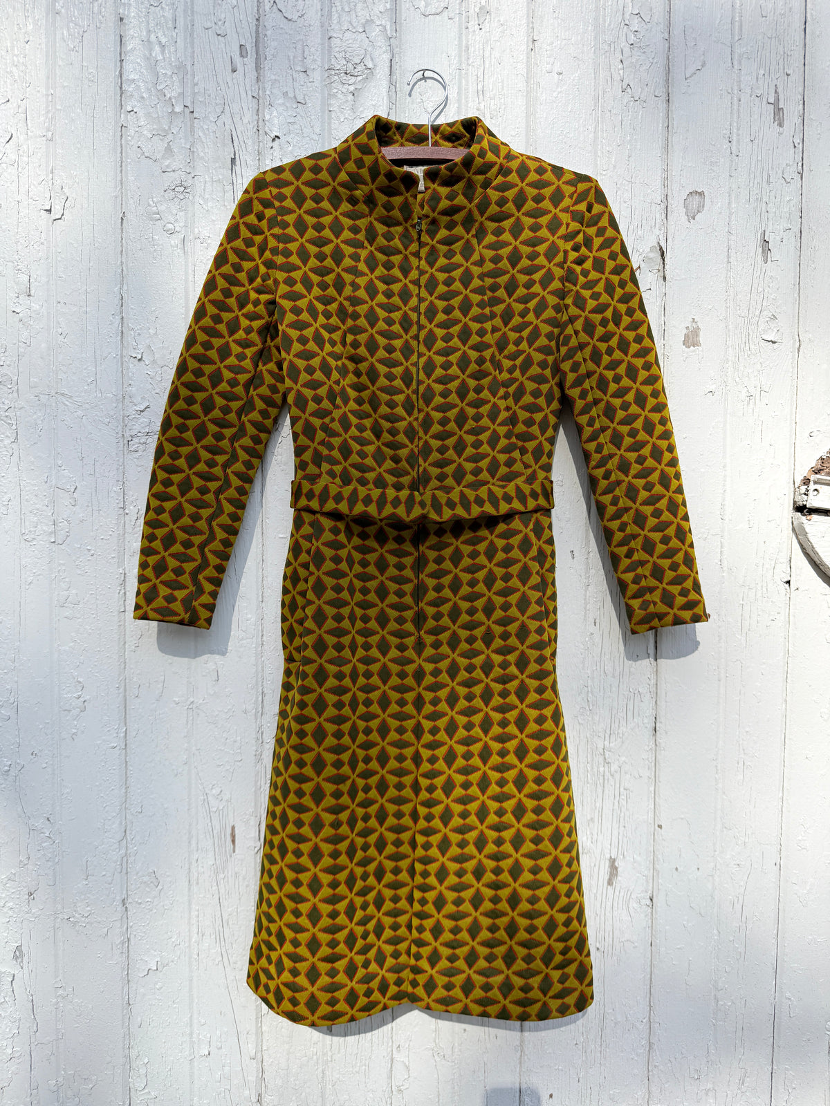 Vintage 1960s-70s Handmade Vogue Couturier Design Pattern Green and Red Diamond Pattern Belted Dress