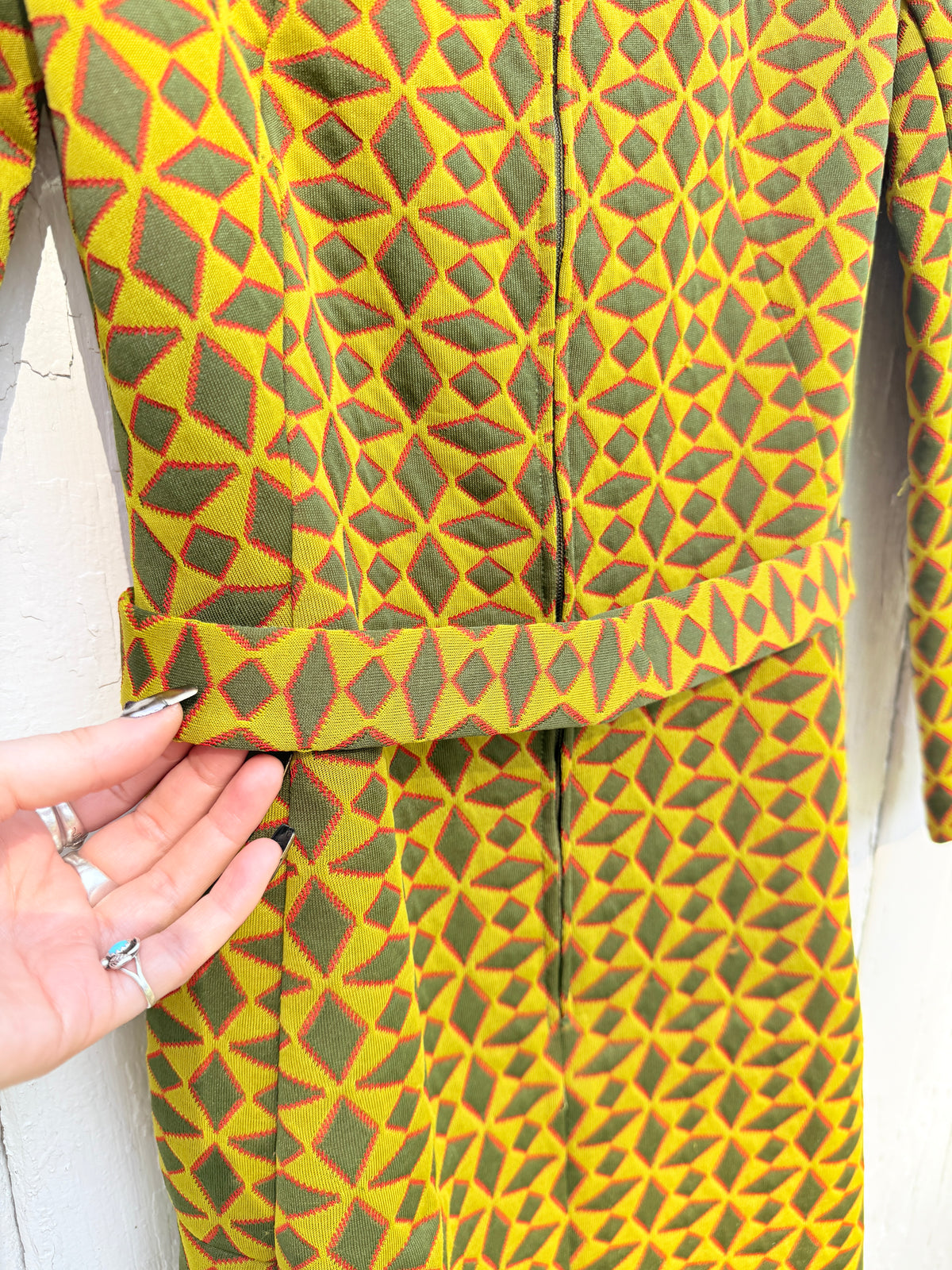 Vintage 1960s-70s Handmade Vogue Couturier Design Pattern Green and Red Diamond Pattern Belted Dress