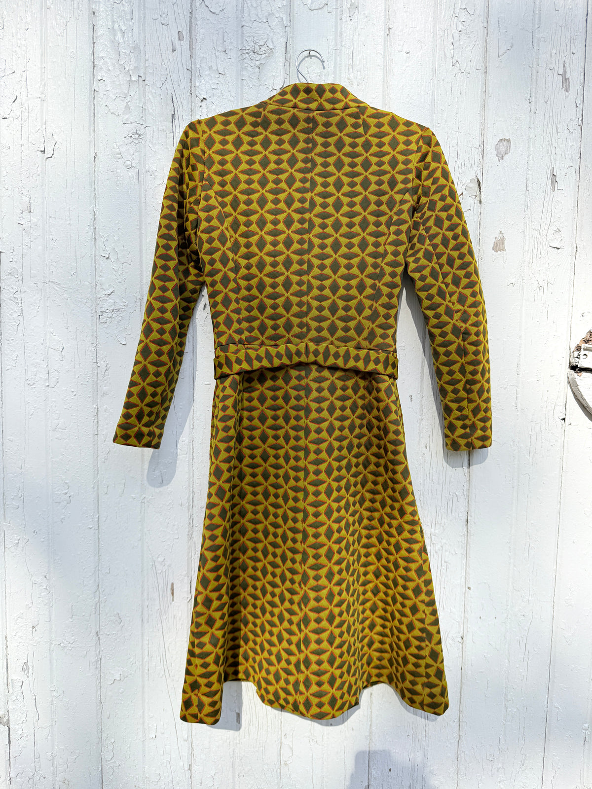 Vintage 1960s-70s Handmade Vogue Couturier Design Pattern Green and Red Diamond Pattern Belted Dress