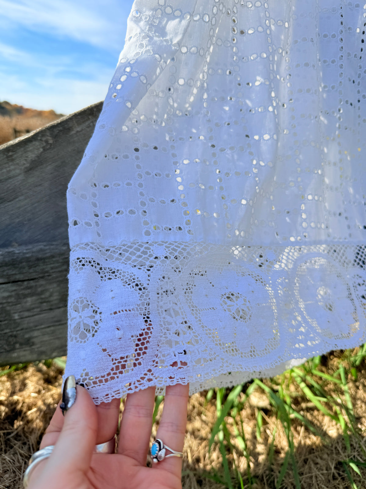 Vintage 1950s White Cotton Eyelet Apron with Blue Strap and Lace Details