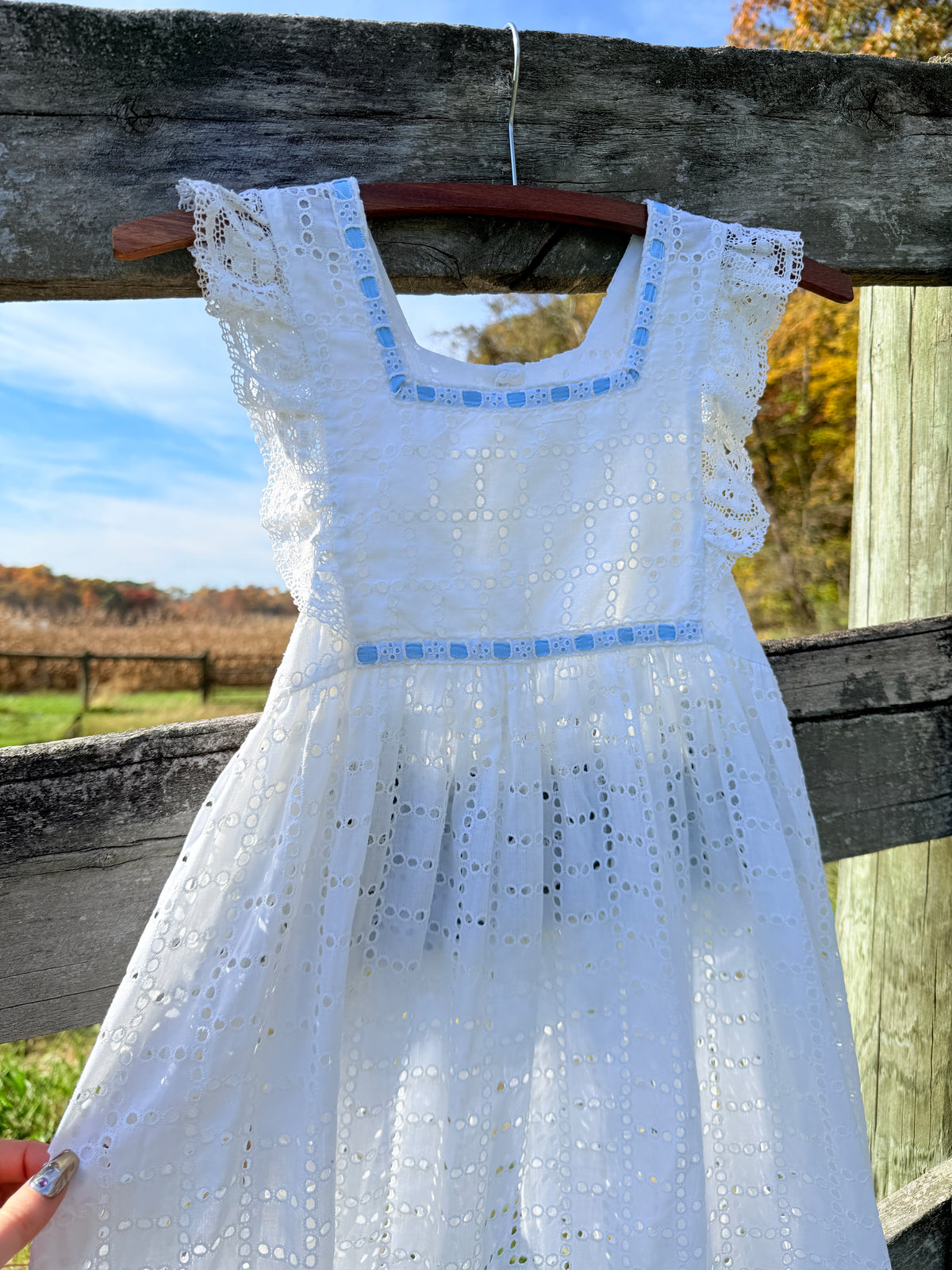 Vintage 1950s White Cotton Eyelet Apron with Blue Strap and Lace Details