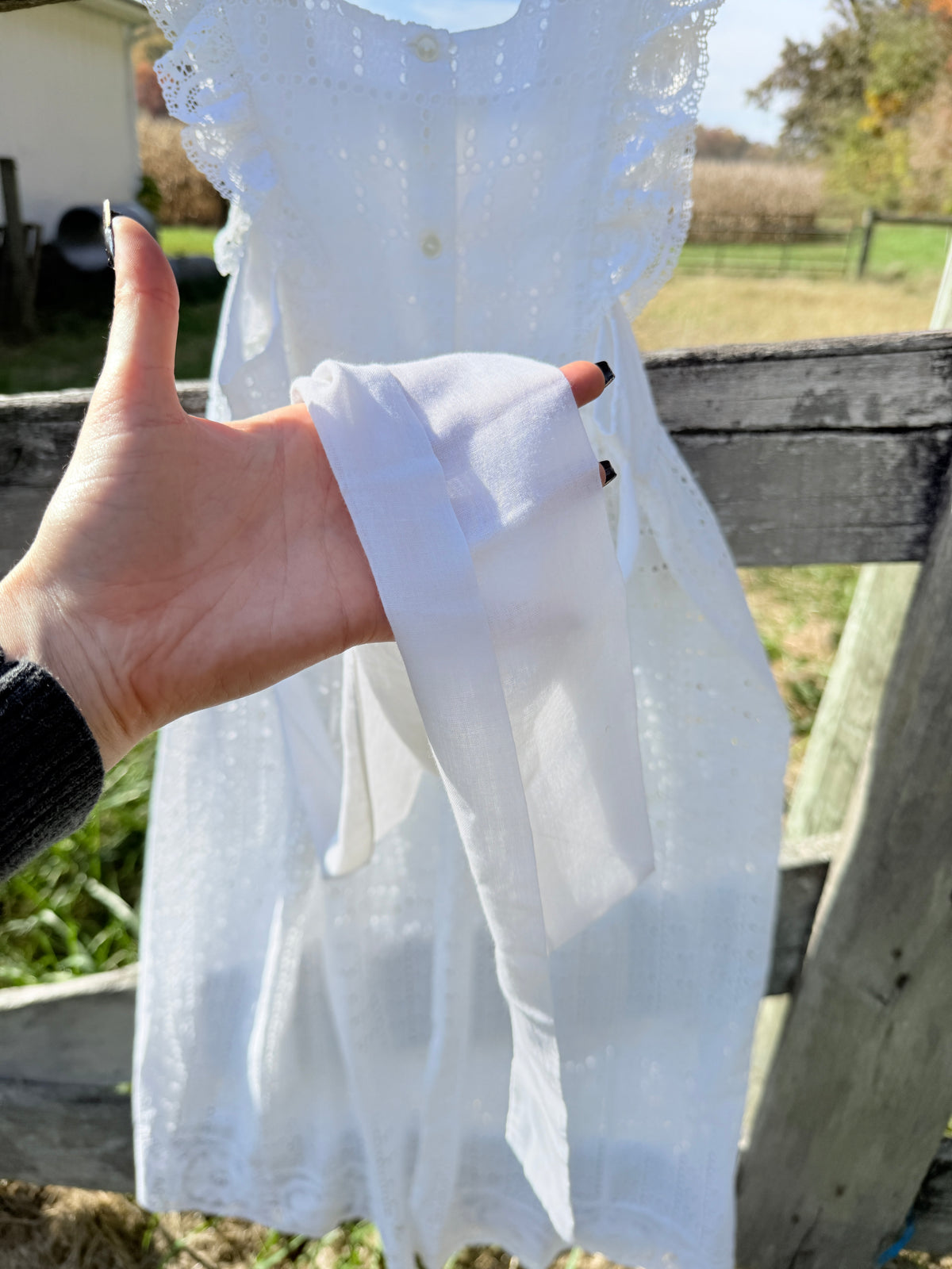 Vintage 1950s White Cotton Eyelet Apron with Blue Strap and Lace Details