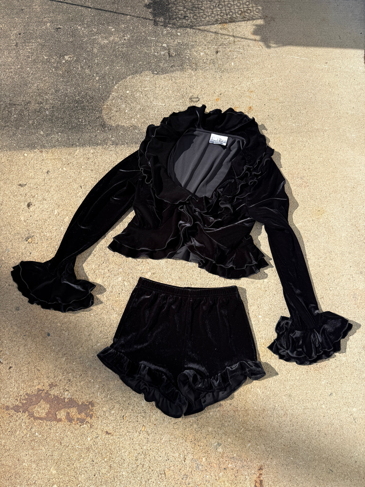 Vintage 1990s Joseph Ribkoff Black Velvet Ruffle Two-piece | 10