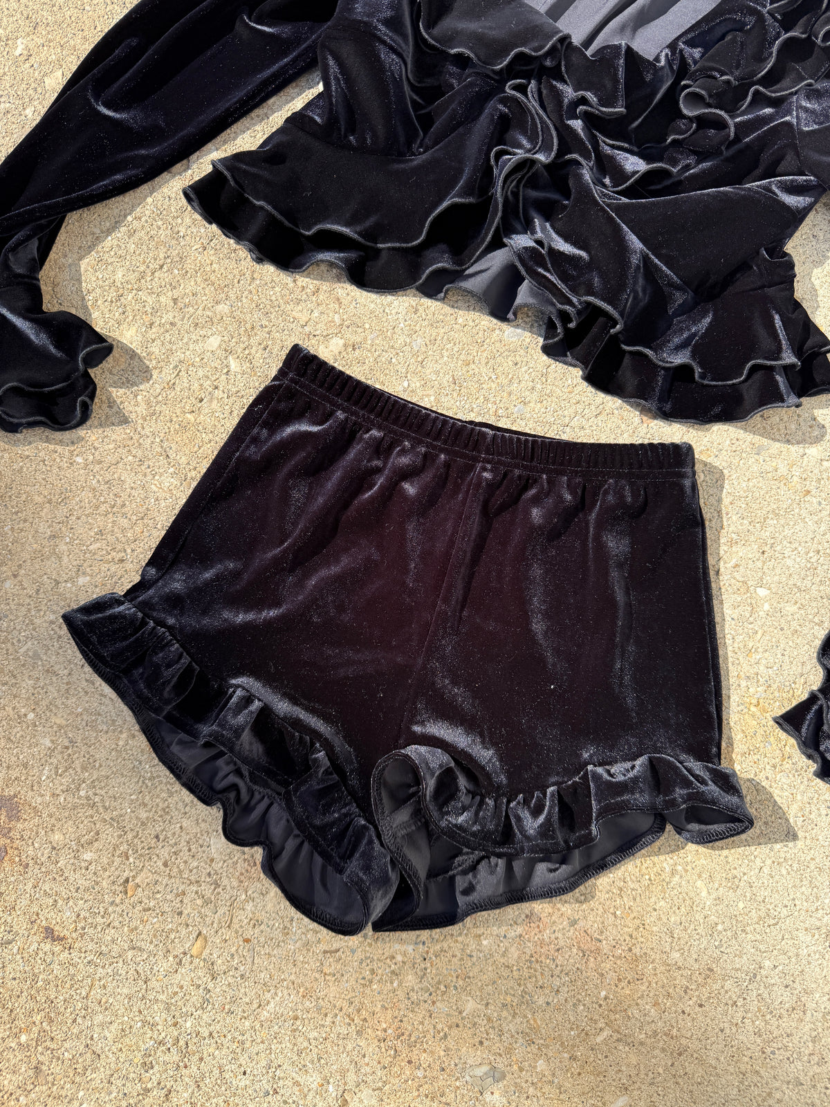 Vintage 1990s Joseph Ribkoff Black Velvet Ruffle Two-piece | 10