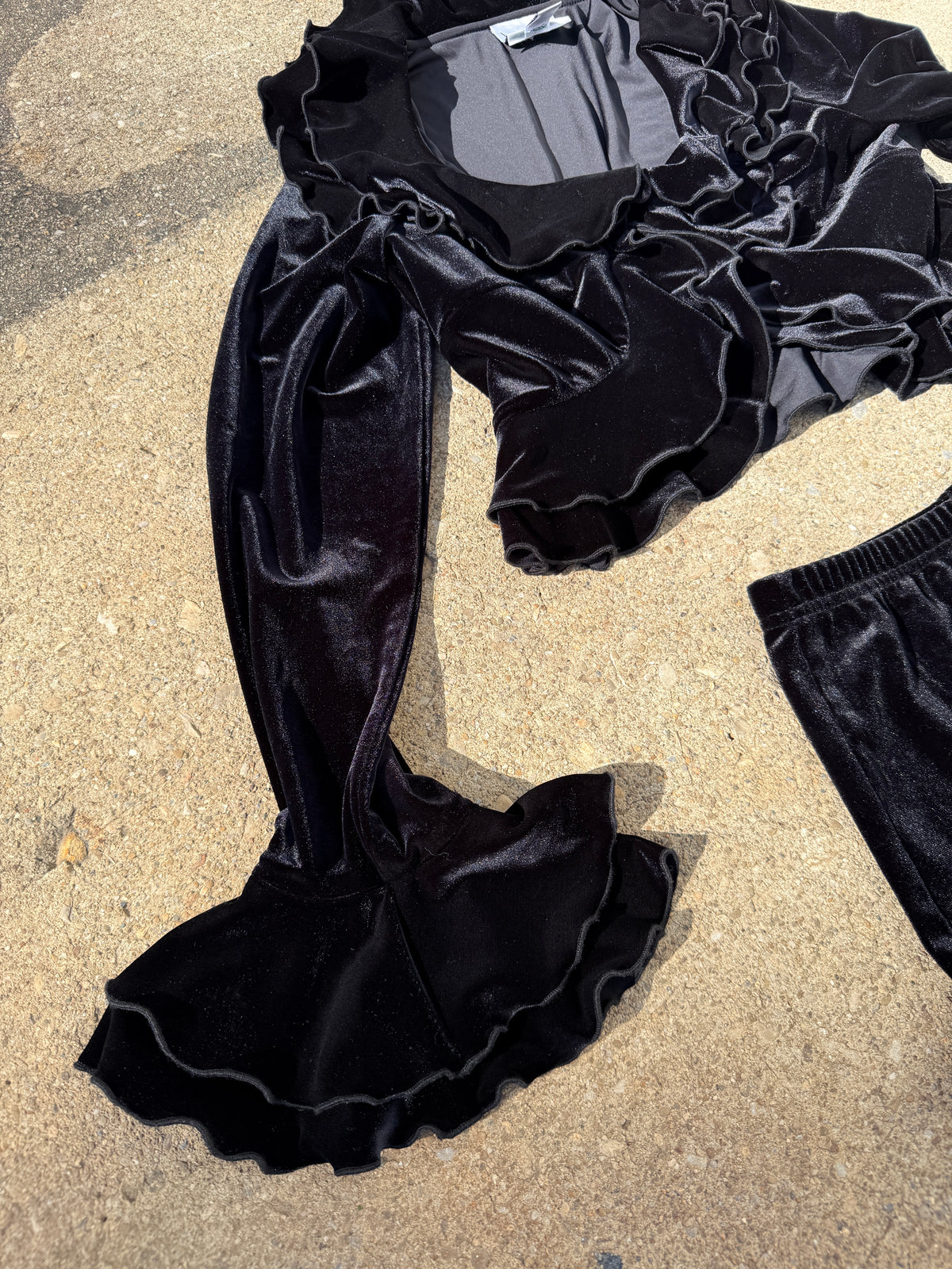 Vintage 1990s Joseph Ribkoff Black Velvet Ruffle Two-piece | 10