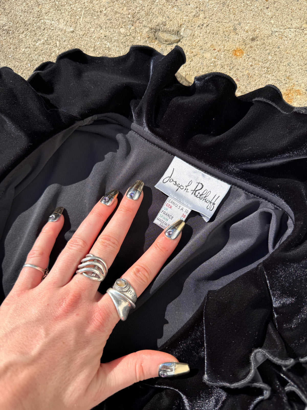 Vintage 1990s Joseph Ribkoff Black Velvet Ruffle Two-piece | 10