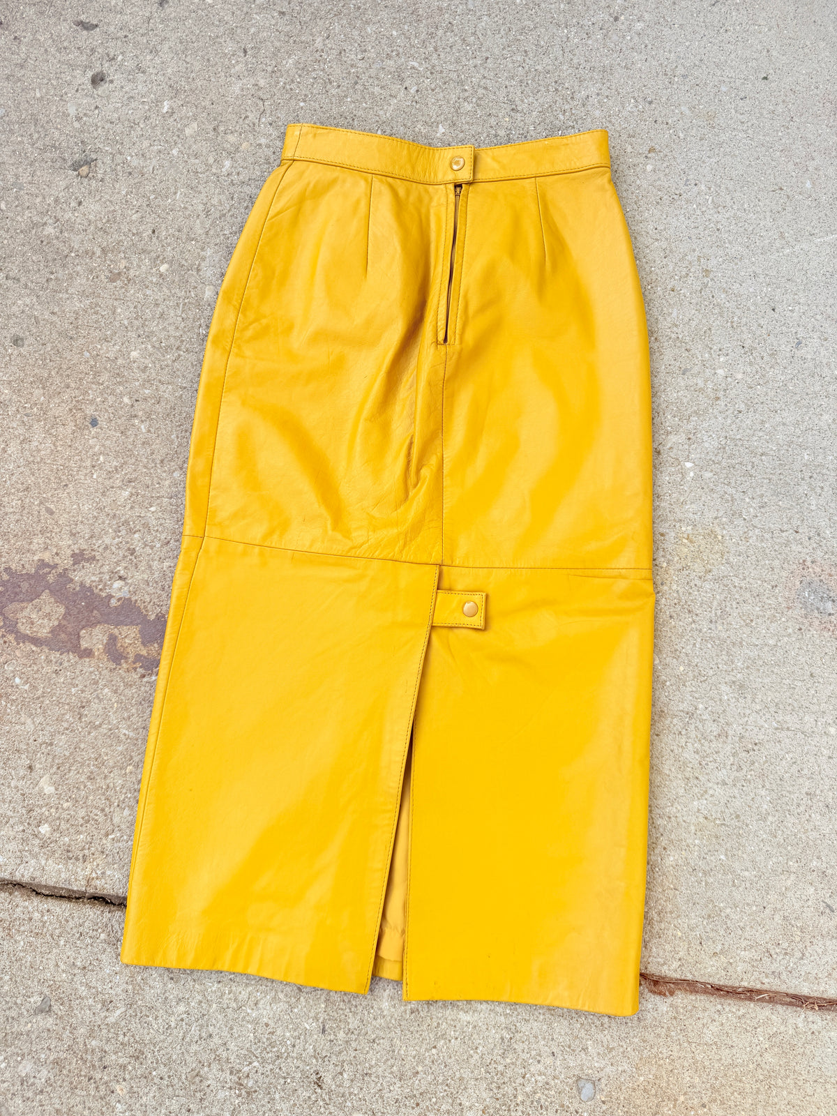 Vintage 1980s Berman's Mustard Yellow Leather Skirt | 8