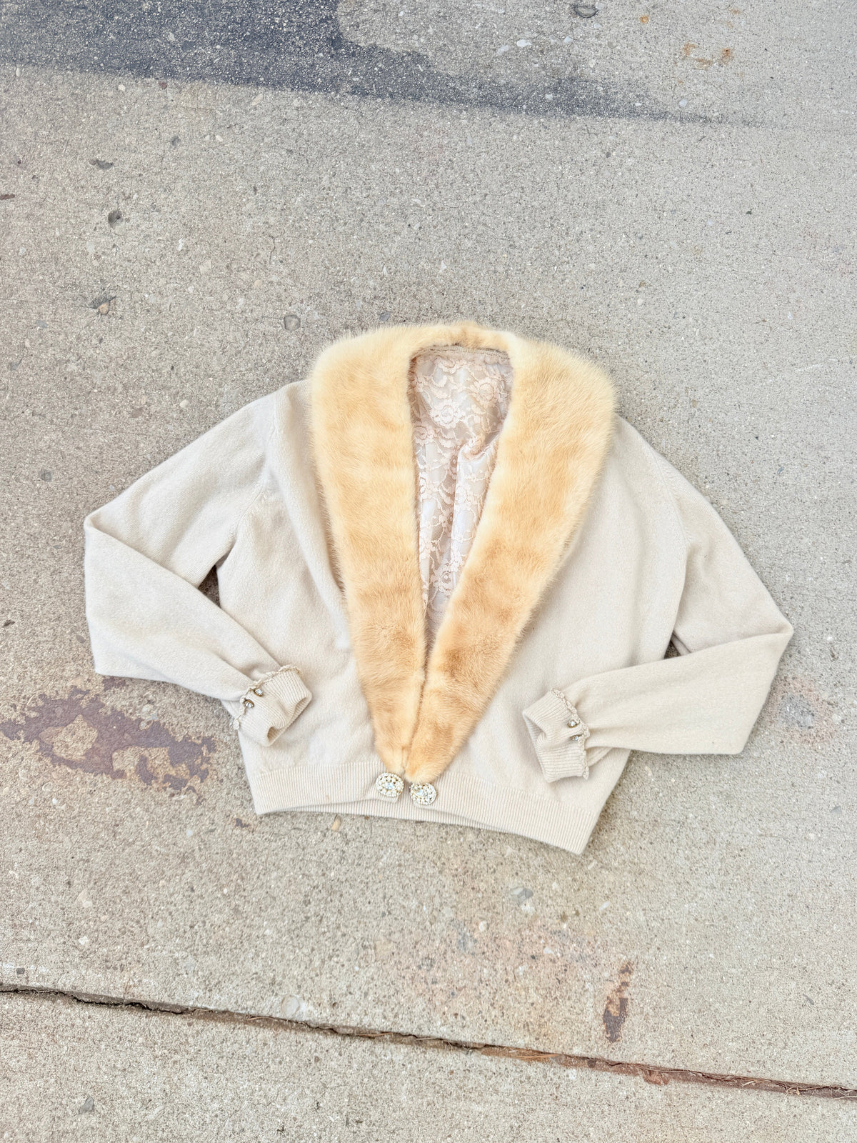 Vintage 1950s Cashmere Cardigan with Lace Liner, Jewels, and Removable Mink Fur Collar