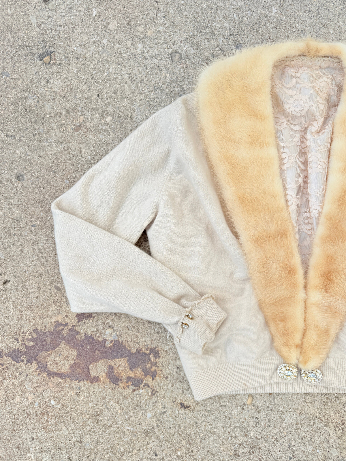 Vintage 1950s Cashmere Cardigan with Lace Liner, Jewels, and Removable Mink Fur Collar