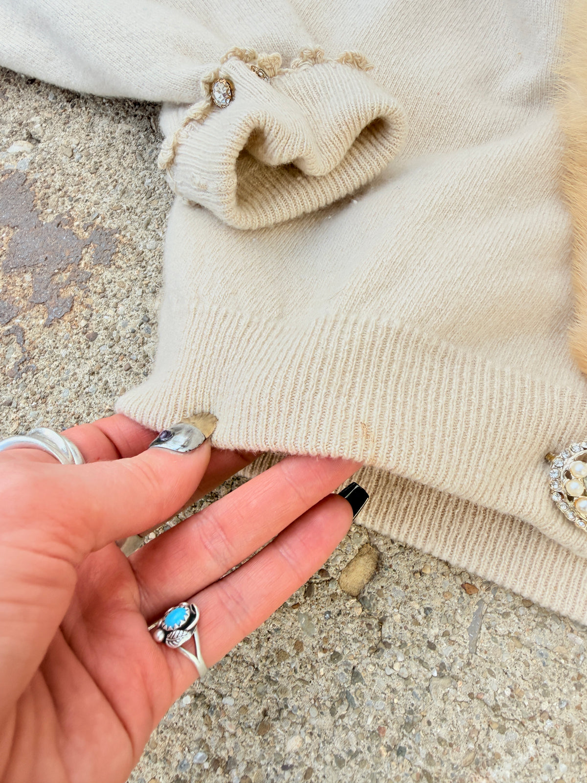 Vintage 1950s Cashmere Cardigan with Lace Liner, Jewels, and Removable Mink Fur Collar