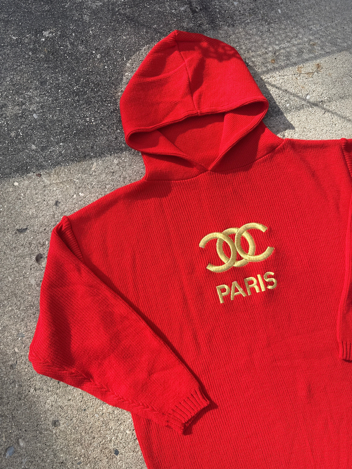 Vintage 1980s-90s Chanel "Paris" Bootleg Red Acrylic Hoodie