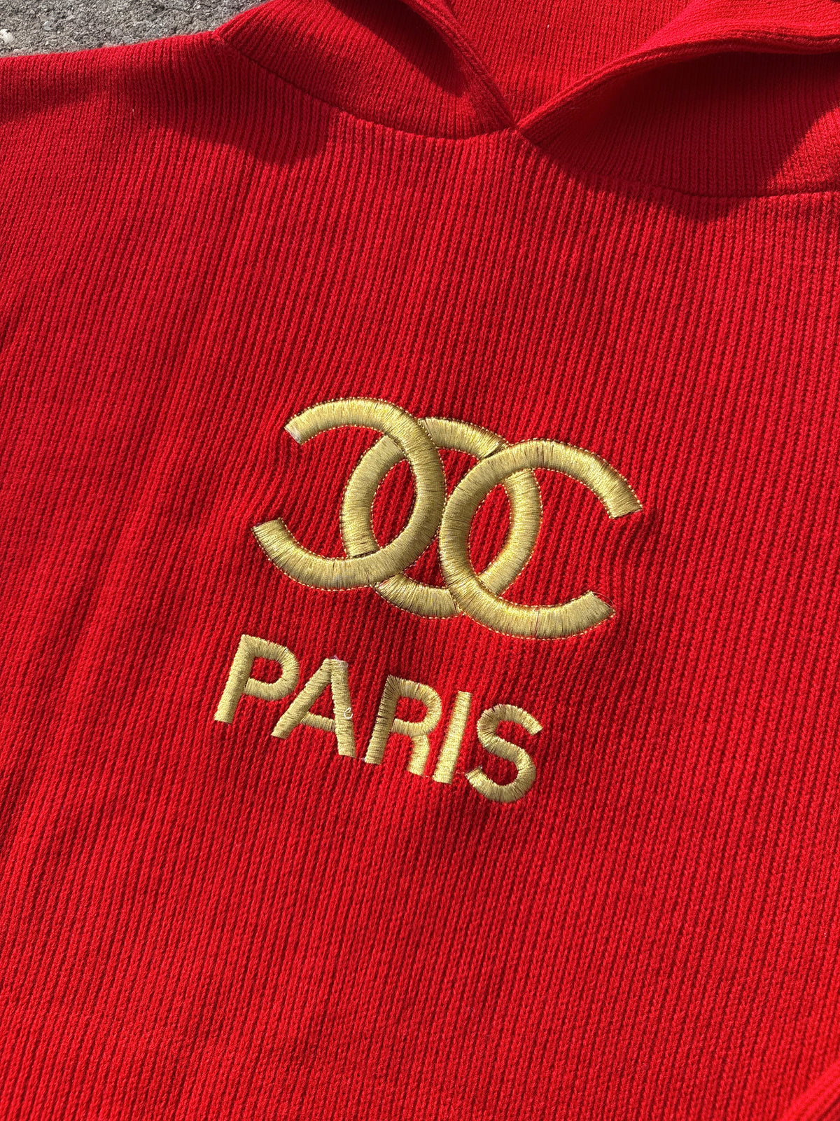 Vintage 1980s-90s Chanel "Paris" Bootleg Red Acrylic Hoodie