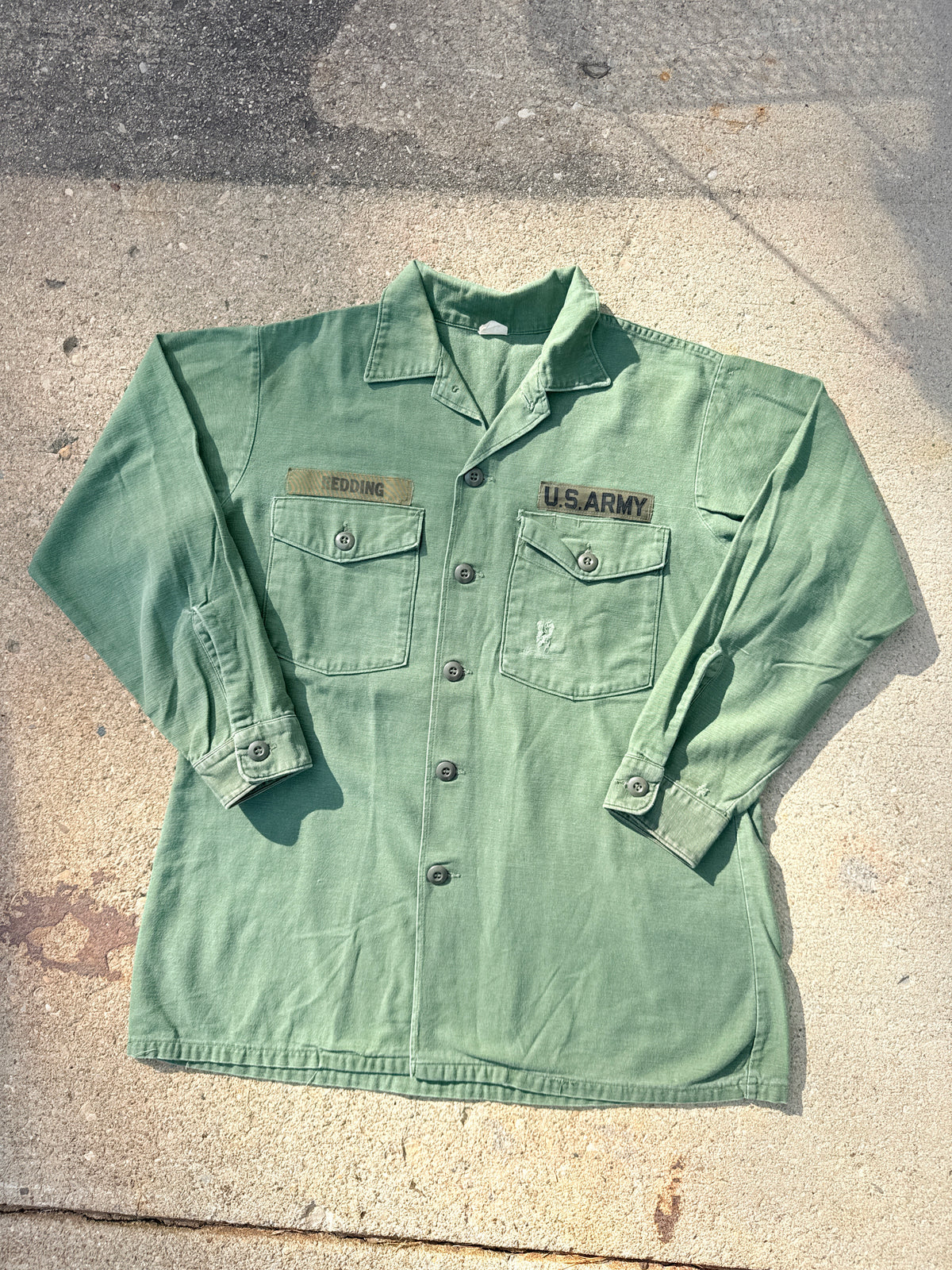 Vintage 1960s-70s US Military Green Cotton Sateen "Redding" OG-107 Utility Shirt