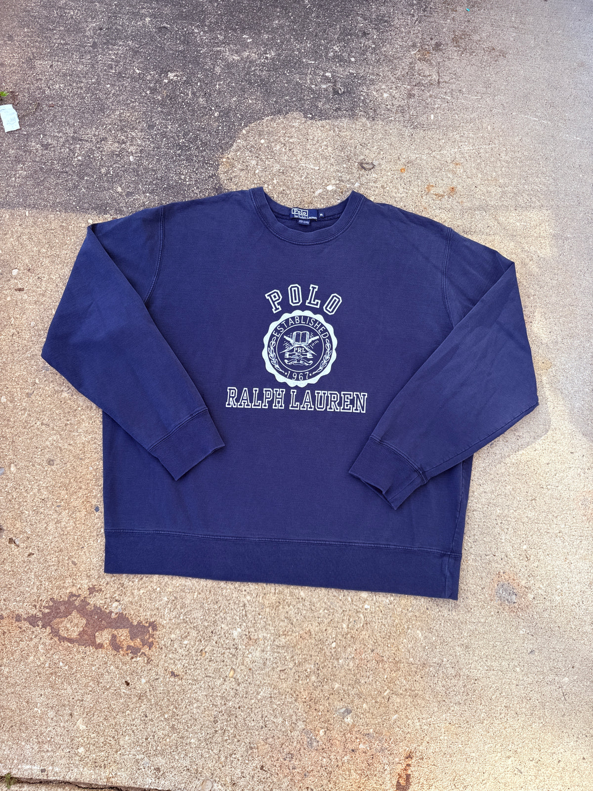 Vintage 1990s Polo Ralph Lauren Navy Blue Cotton University Crewneck | XL