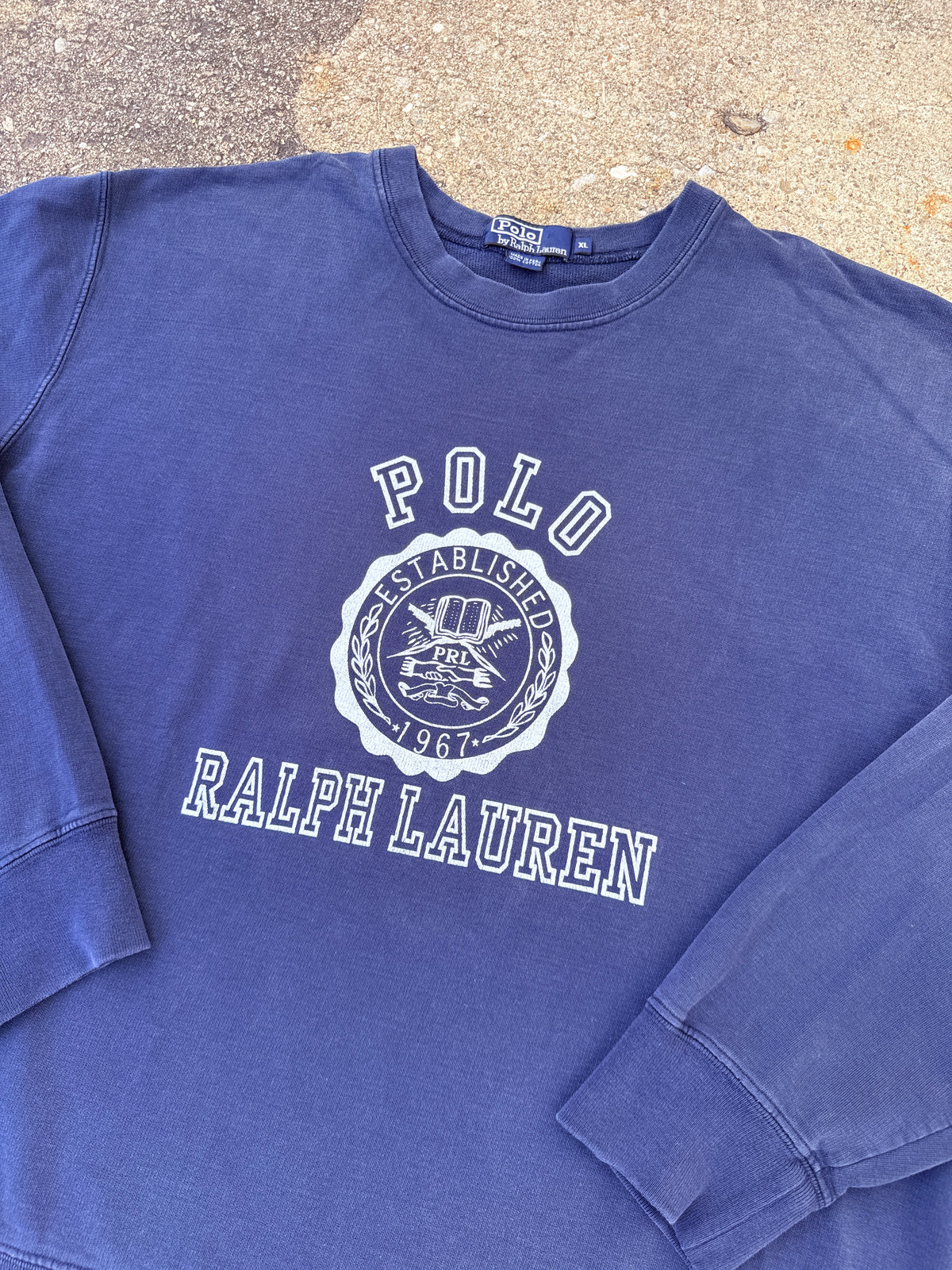 Vintage 1990s Polo Ralph Lauren Navy Blue Cotton University Crewneck | XL