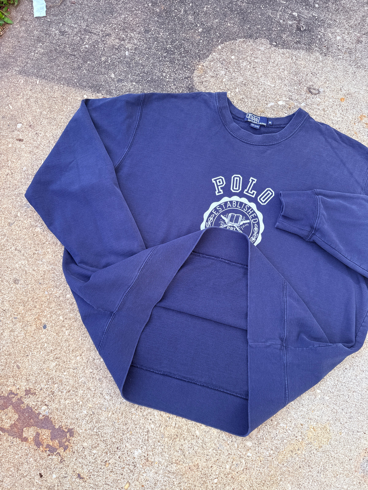 Vintage 1990s Polo Ralph Lauren Navy Blue Cotton University Crewneck | XL