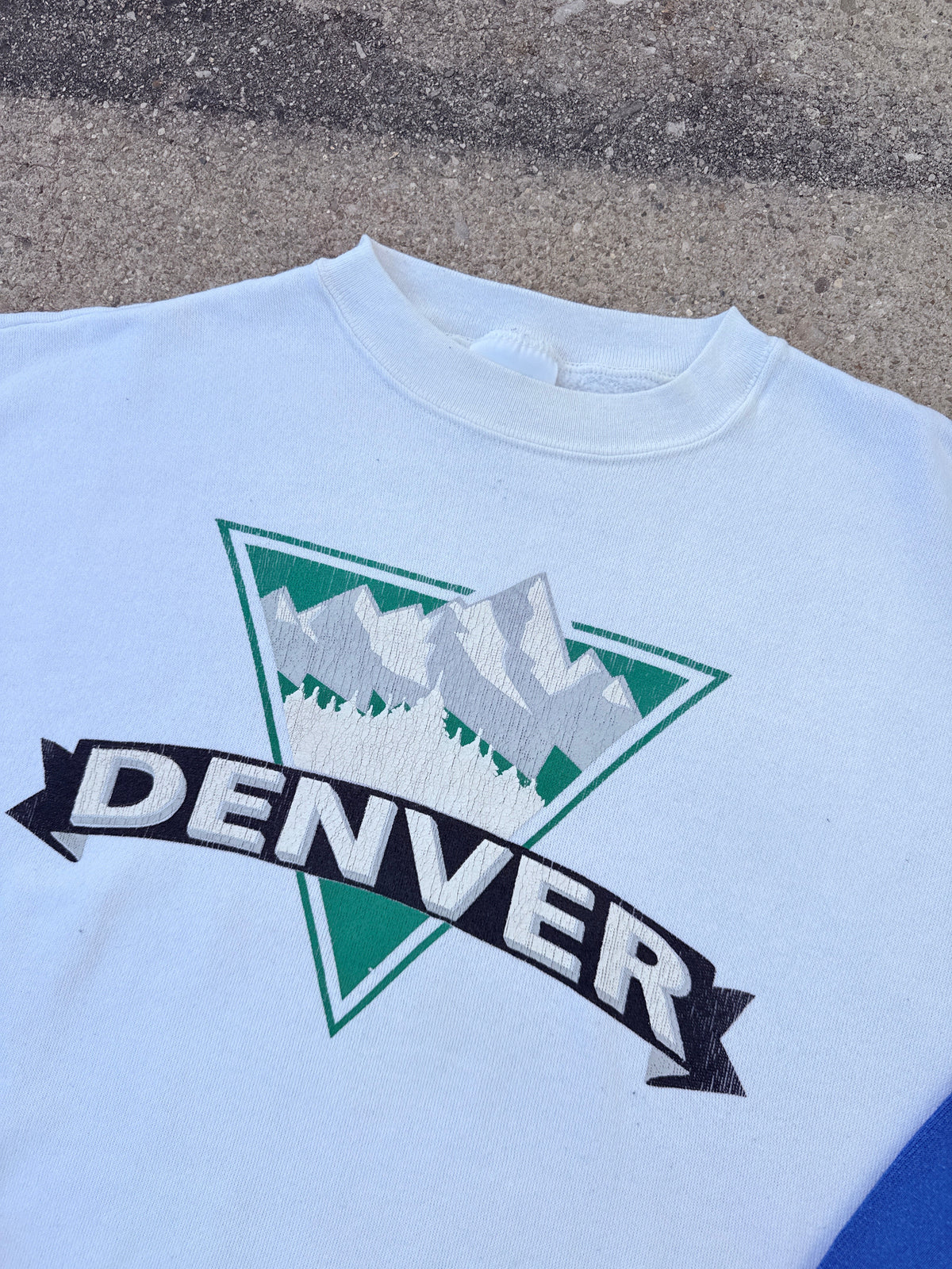 Vintage 1980s-90s Tultex Blue and White Cotton-Poly Denver Crewneck | XL
