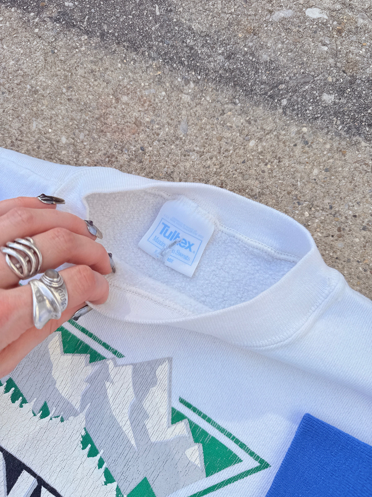 Vintage 1980s-90s Tultex Blue and White Cotton-Poly Denver Crewneck | XL