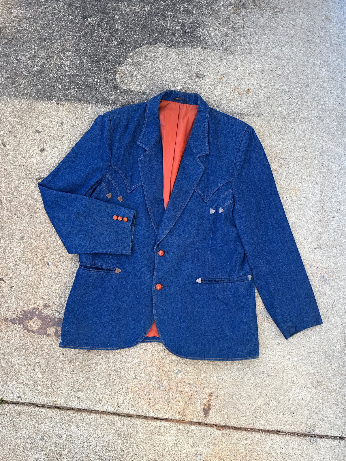 Vintage 1970s Pioneer Wear Blue Denim with Leather Accents Blazer | 46