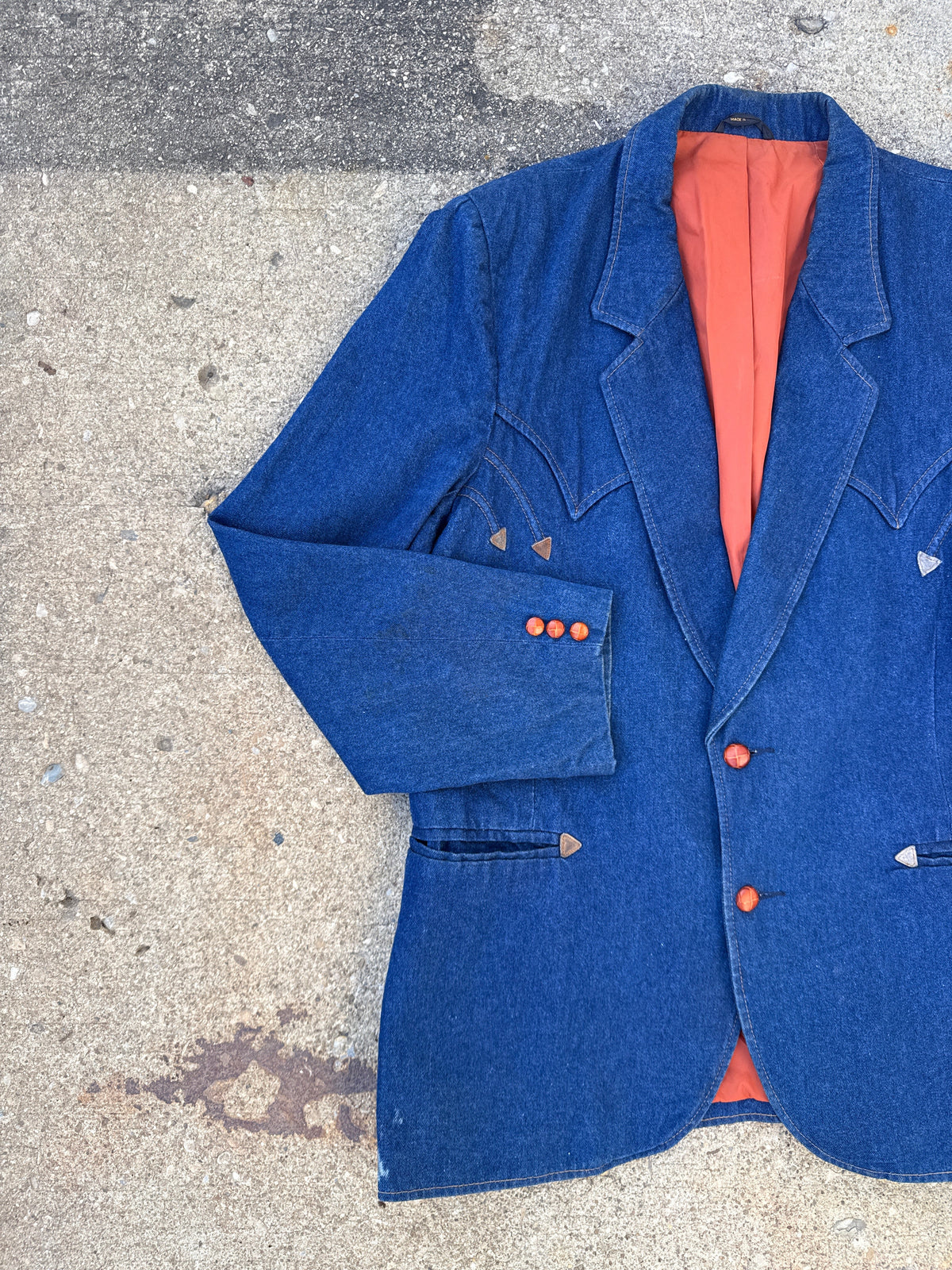 Vintage 1970s Pioneer Wear Blue Denim with Leather Accents Blazer | 46