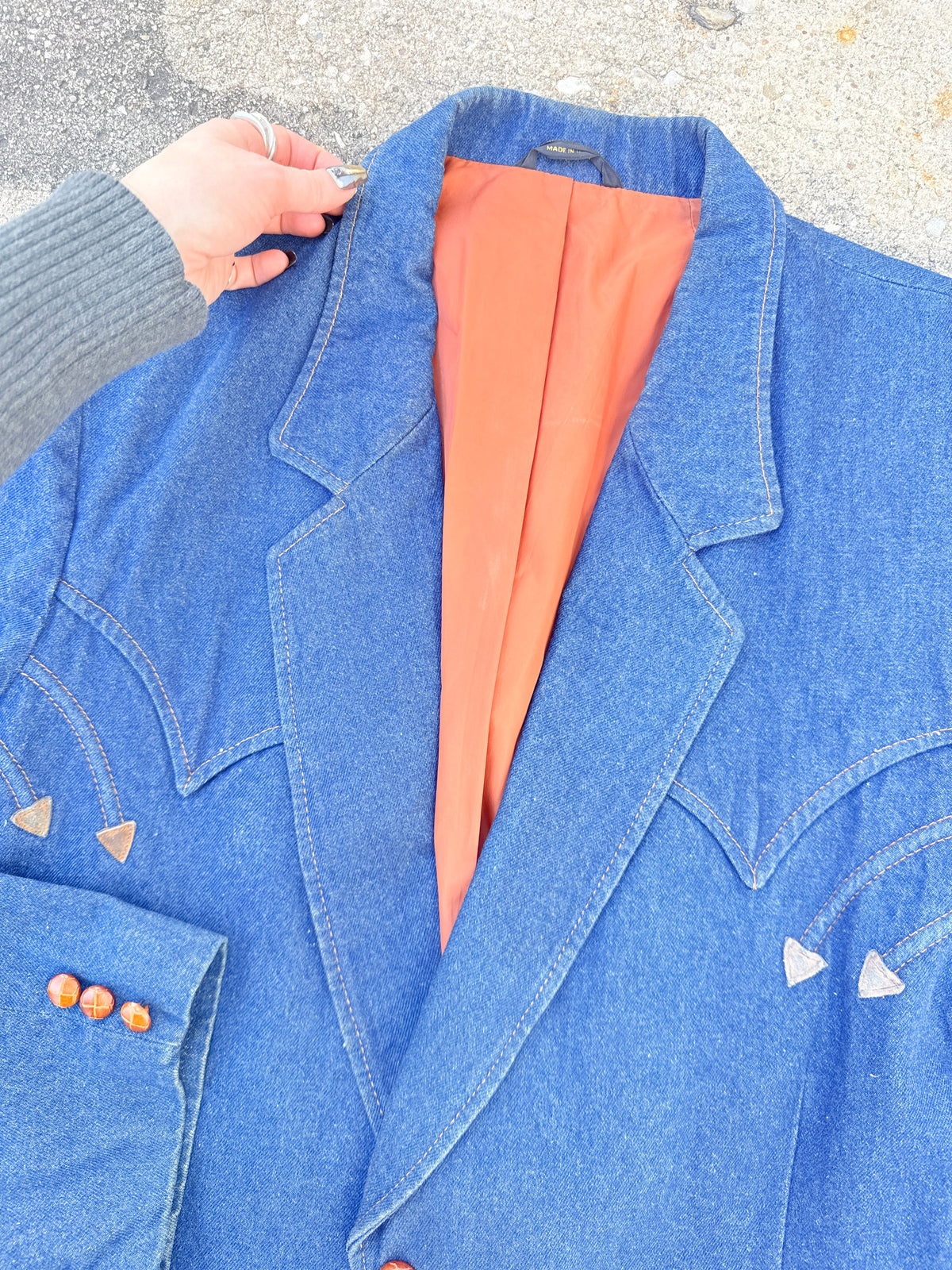 Vintage 1970s Pioneer Wear Blue Denim with Leather Accents Blazer | 46