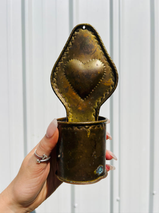 Vintage 1950s Brass Heart Stamped Wall Pocket