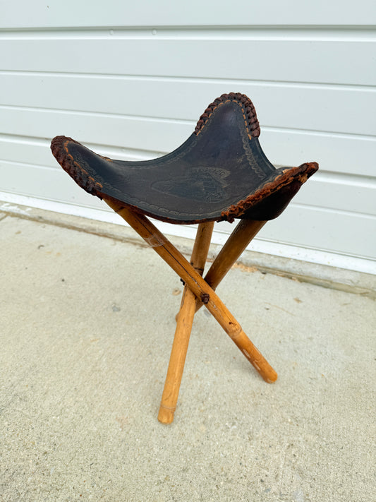 Vintage 1970s Tooled Leather "Mexico" Folding Camp Stool